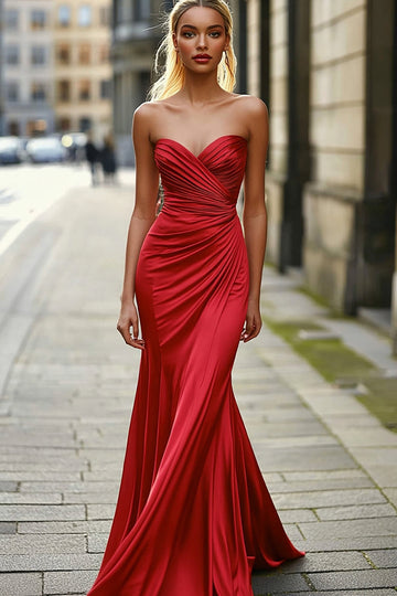 Robe de bal en satin froncé sirène chérie rouge
